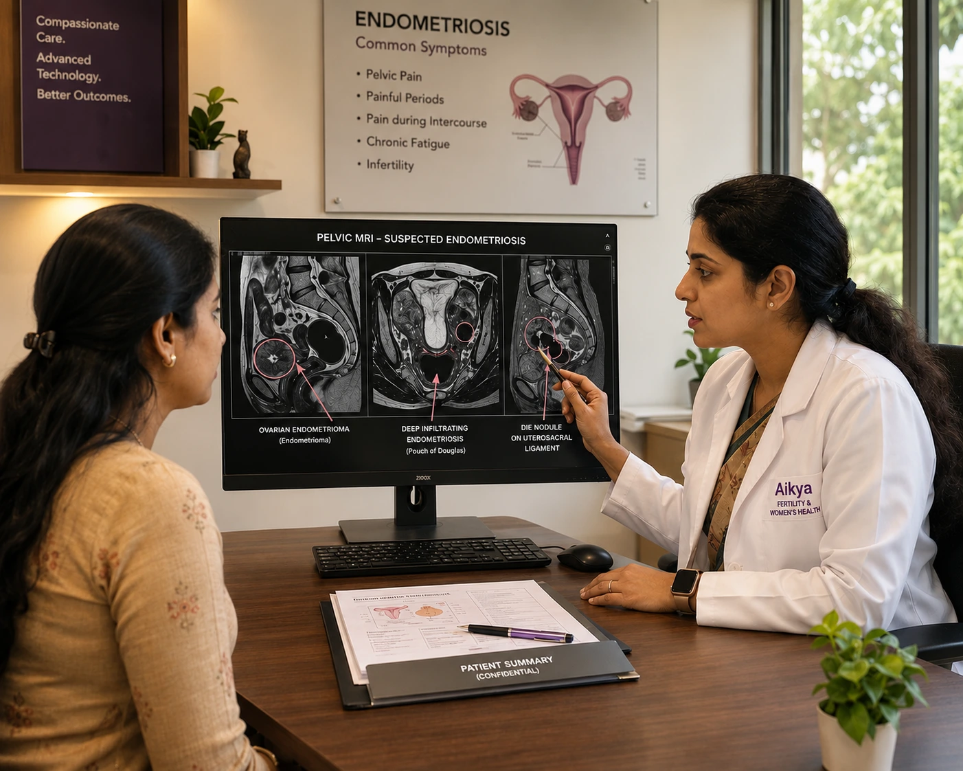 Endometriosis diagnosis at Aikya Fertility, Bangalore Specialist reviewing diagnostic imaging for an endometriosis diagnosis in Bangalore